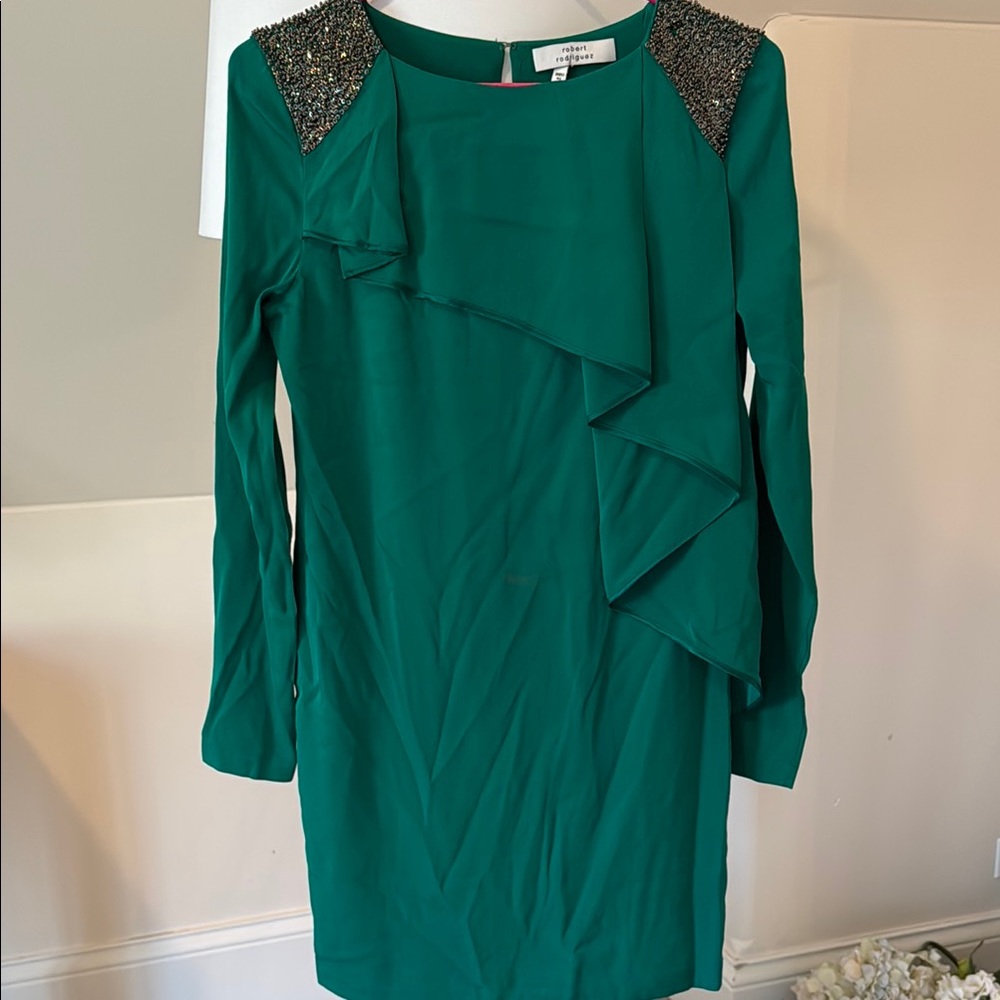 Robert Rodriguez Green Embelished Shoulder Mini Dress